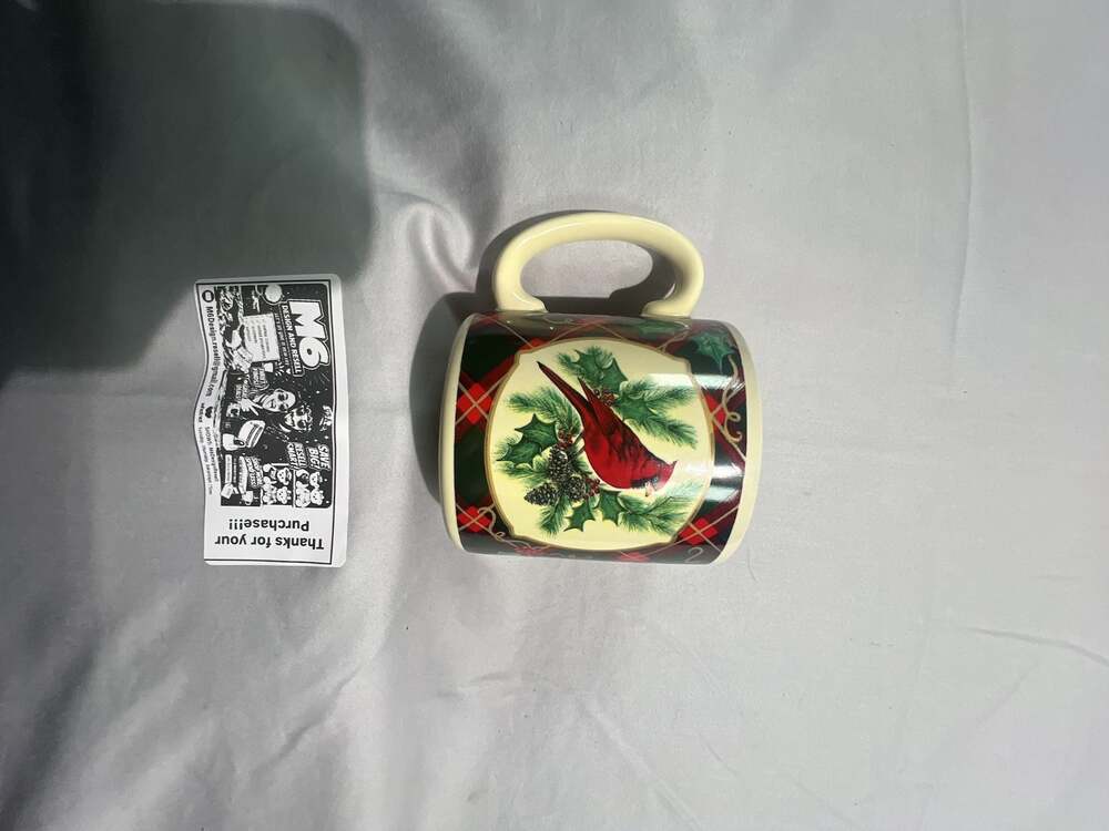 Flowers, Inc. Balloons Cardinal Christmas Plaid Ceramic Mug
